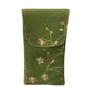 Green Corduroy Embroidered Glasses Case With Floral Design